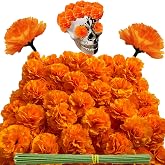 Mintalin Marigold Flower Heads Bulk, Day of the Dead Dia De Los Muertos Decoration Mexican Artificial Flowers for Diwali Home DIY Wreath Garland Halloween Decor for Indian Pooja Floral(Orange)