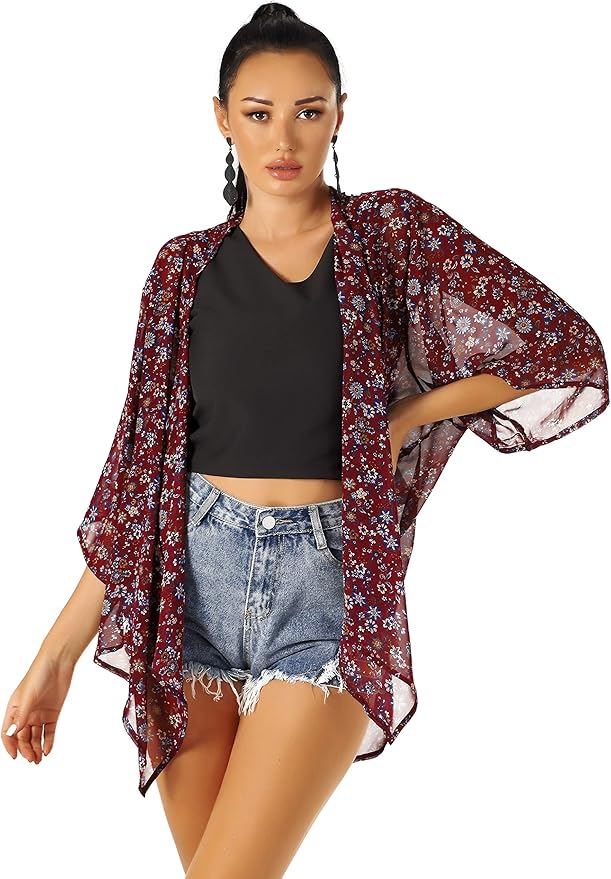 UNIQUE 21 Women's Floral Print Puff Sleeve Kimono Cardigan Loose Cover