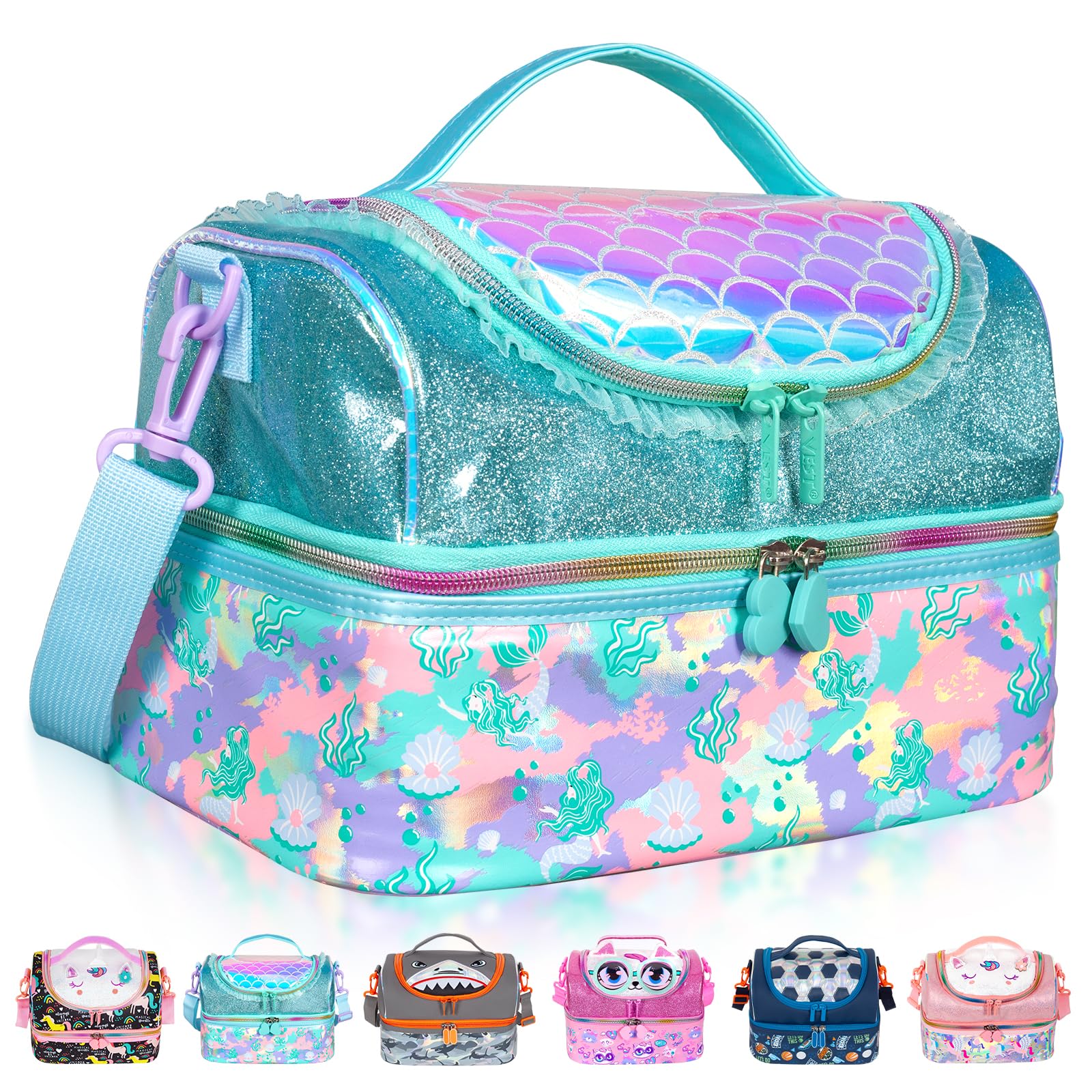 PinkSheep Kids Lunch Bag, Double Decker Cooler Insulated Lunch Bag, Back to School Gift Large Tote for Boys, Girls, Men, Women, with Adjustable Strap (Mermaid)