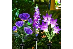 MRHEPHAESTUS Solar Garden Lights Waterproof, 3 Pack Solar Flowers Lights Includes Lily Rose Delphinium, Gardening Gifts for Mom Grandma Women, 7-Color Changing Outdoor Decor for Garden Yard Patio Lawn