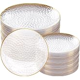 Rubtlamp 100Pcs Clear Gold Plastic Plates, Disposable Plates With Gold Rim, Heavy-duty Party Platos, Hammered Plastic Plates Include 50 Clear Dessert Plates, 50 Dinner Plates for Party