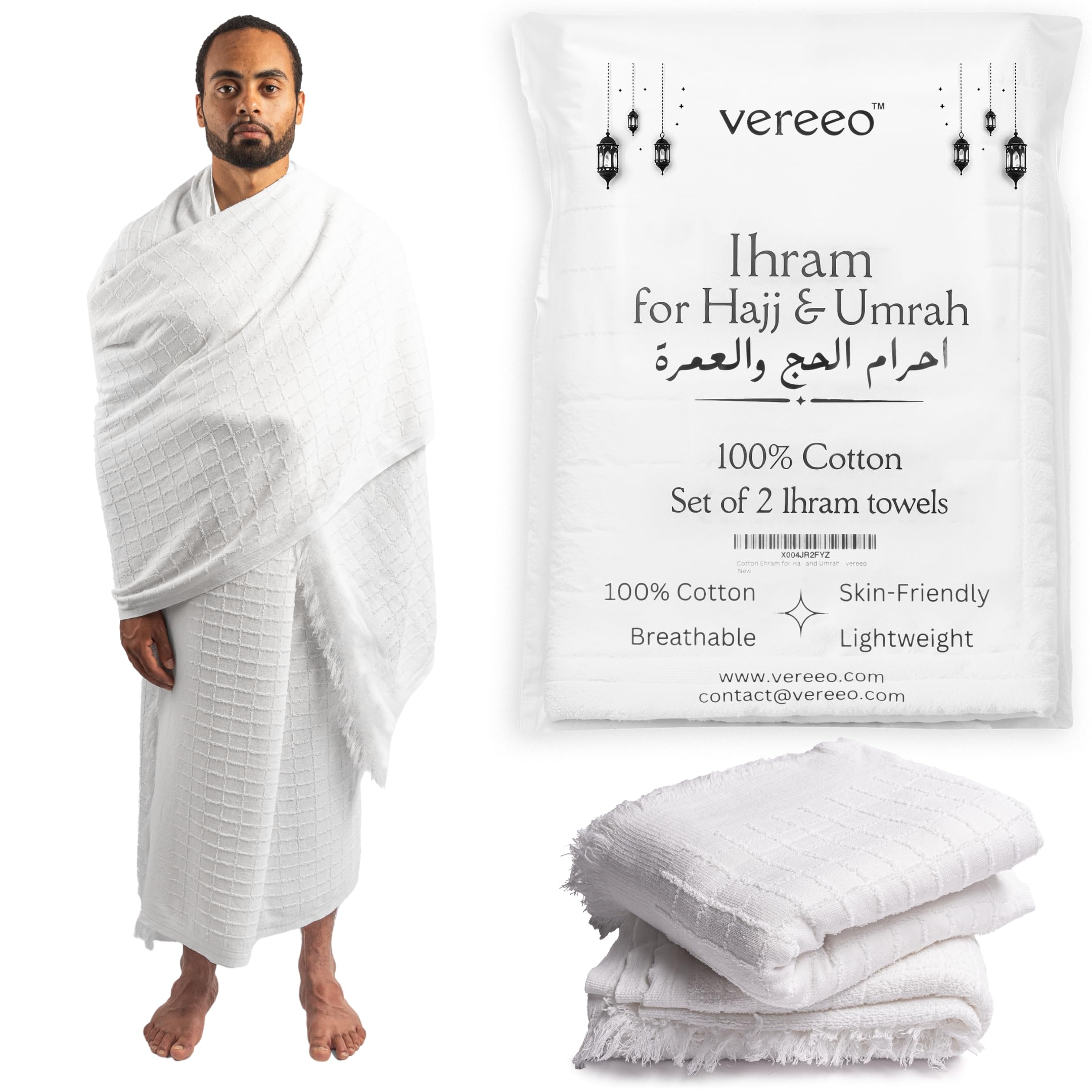 Photo 1 of vereeo Premium Men's Ihram Set for Hajj & Umrah - 2-Piece White Non Stitched 100% Cotton Towels | Ehram Ahram | Lightweight, Breathable & Comfortable | Reusable | Shariah Compliant