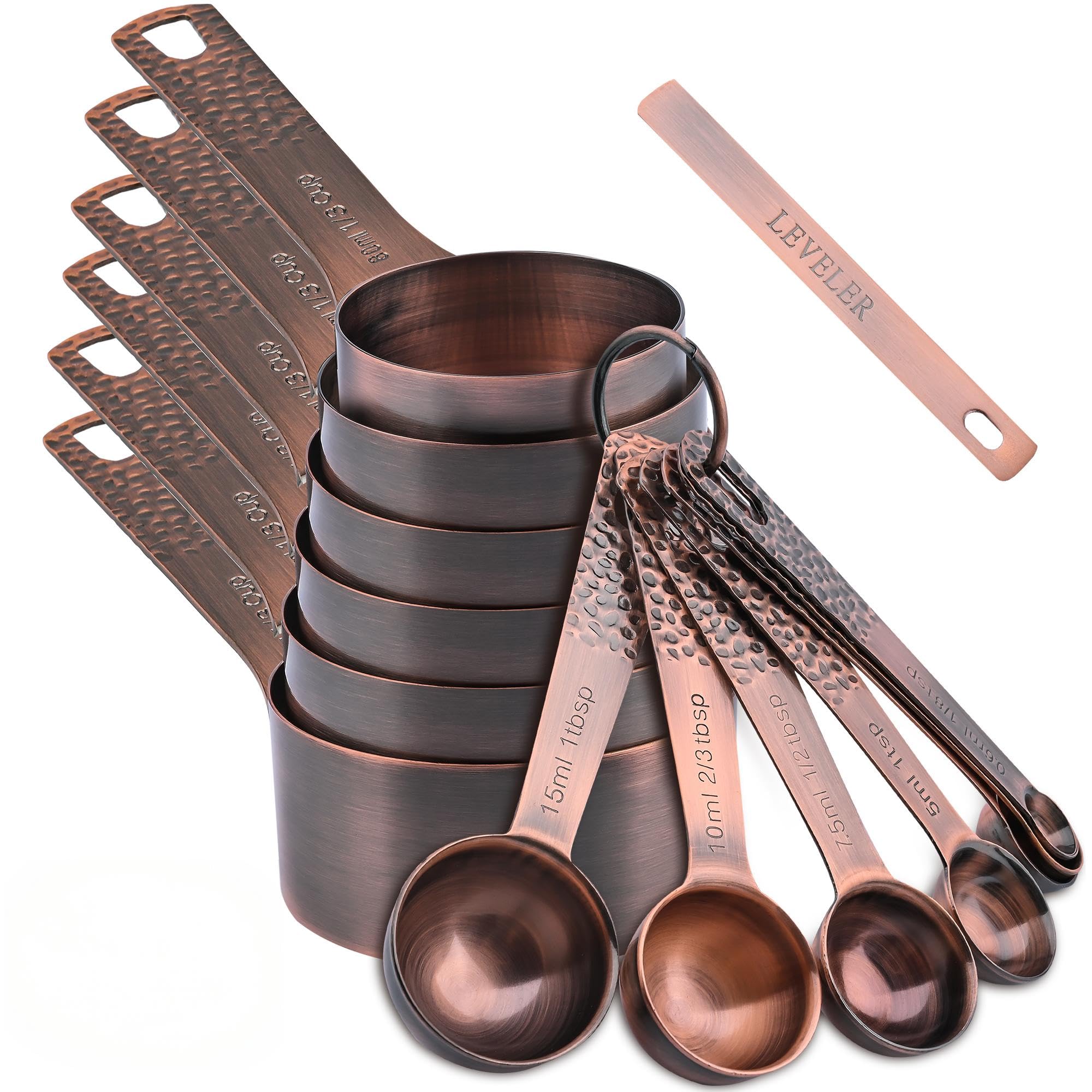 Smithcraft Copper Measuring Cups and Spoons Set : 6 Measuring Cups and 7 Measuring Spoons and 1 Leveler and 2 Rings,Stainless Steel with Copper Plated Measuring Tools for Baking and Kitchen
