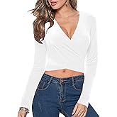 Afibi Women's Long Sleeve Deep V Neck Slim fit Cross Wrap Crop top Shirt