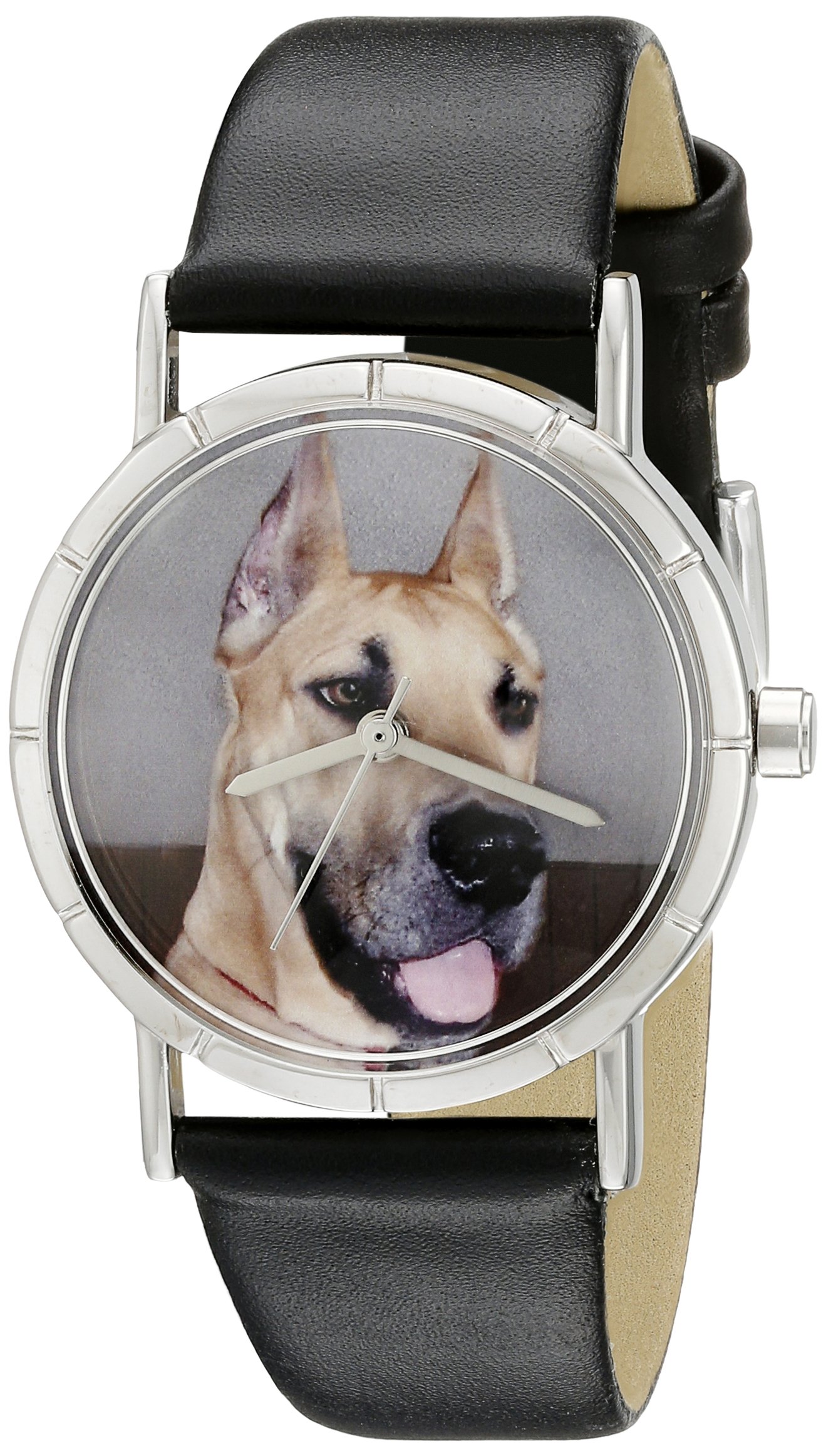 Whimsical Watches Great Dane Black Leather and Silvertone Photo Unisex Quartz Watch with White Dial Analogue Display and Multicolour Leather Strap R-0130080