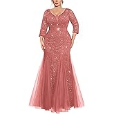 MISSMAY Women's Plus Size Double V-Neck Sequin Lace Tulle Mermaid Evening Wedding Formal Dress for Curvy Women