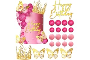 LEFUBABY Balls Cake Toppers Happy Birthday Crown Tiara Cake Toppers for Birthday Wedding Baby Shower Party Decorations (Pink)