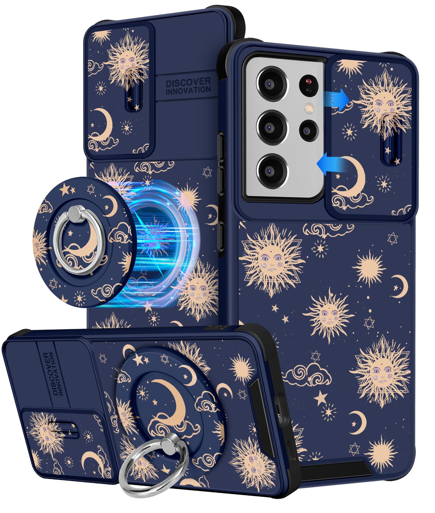 Photo 1 of Buleens for Samsung Galaxy S21 Ultra Case 6.8 Inch - with Ring Stand & Camera Cover Aesthetic Cute Designed Women Girls Girly Sun Moon Stars for Samsung S21 Ultra 5G Case Compatible with Magsafe