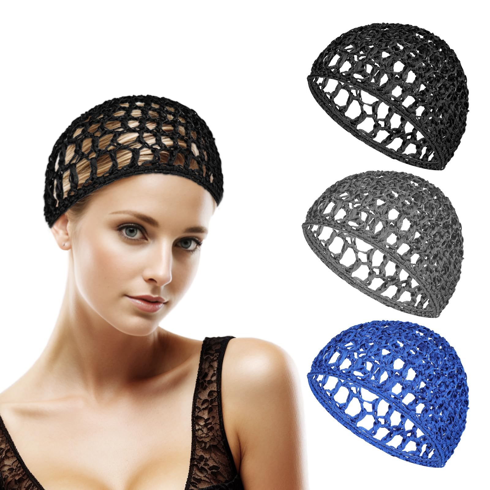3Pcs Hair Net Rayon Knit Snoods Hat Soft Mesh Crocheted Hairnet Sleep Cap Mesh Cover Curls Hair Net Elastic Hairnet Hair Cover Accessory for Women Men Night Sleeping Thick Long Short Curls Hair