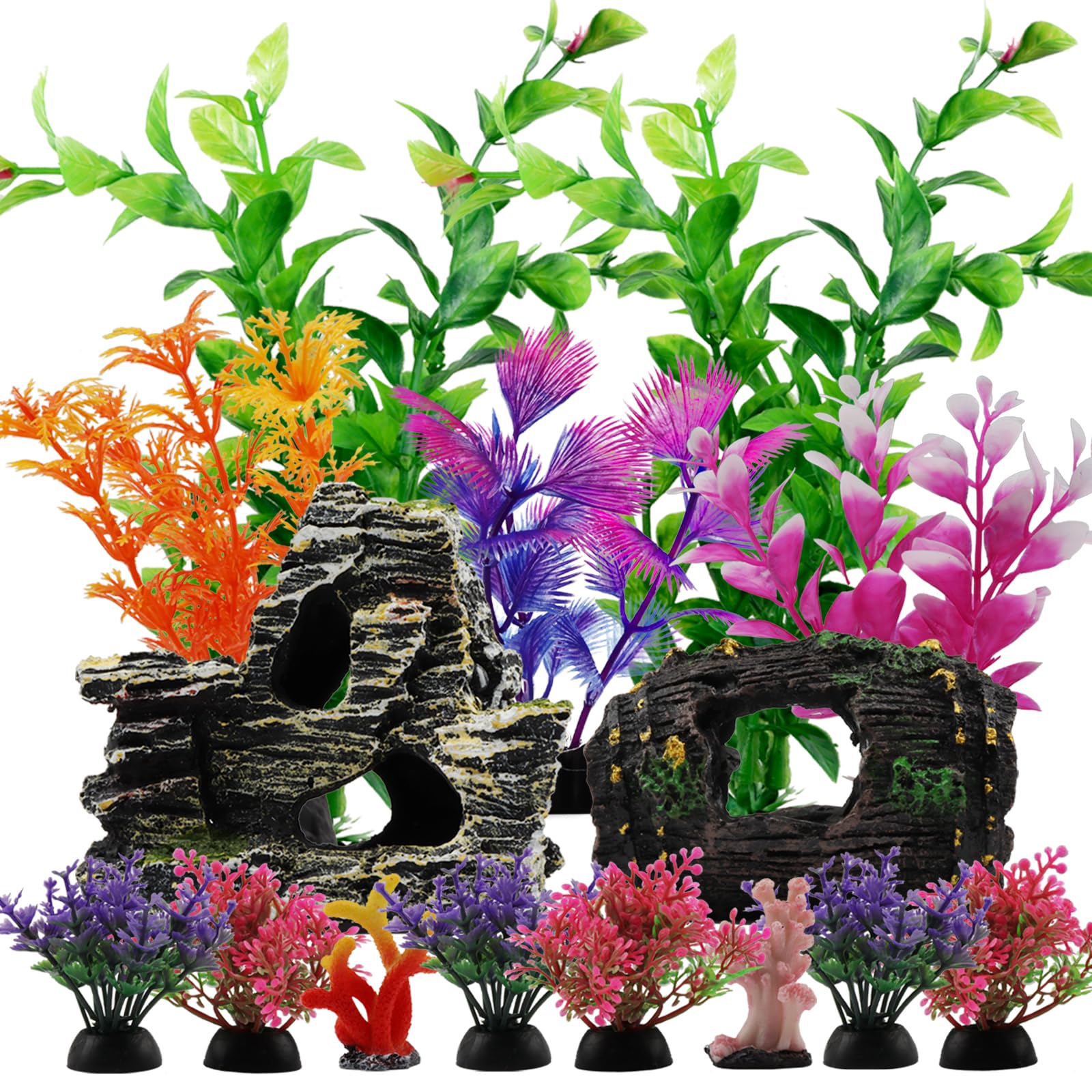 QUOZUO Fish Tank Decorations Plants with Resin Barrel and Cave Rock View, 15pcs Aquarium Decorations Plants Plastic, Fish Tank Accessories, Fish Hideout Ornaments Aquarium Decor