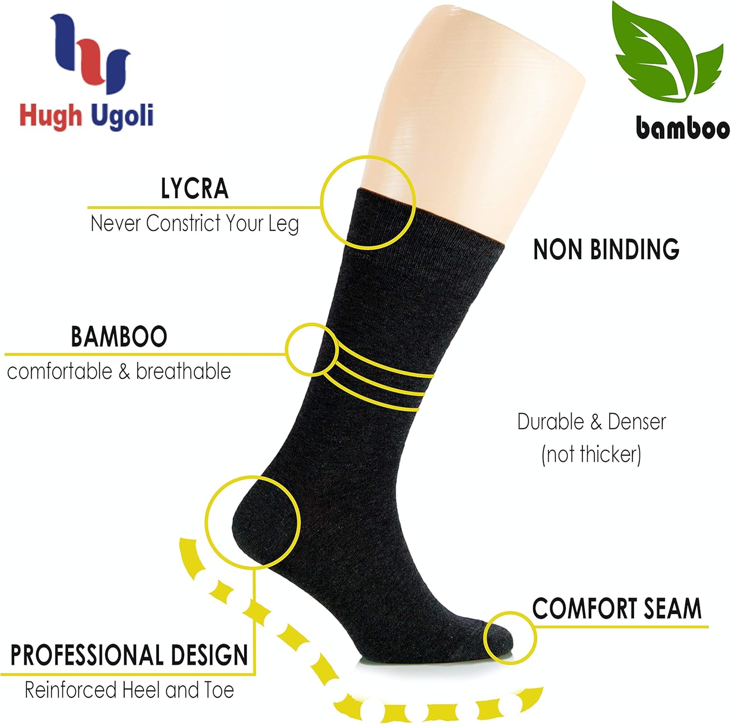 Hugh Ugoli Women's Lightweight Soft Bamboo Thin Dress Socks Crew Business Casual, 3 Pairs, Shoe Size: 6-9/9-12: Clothing
