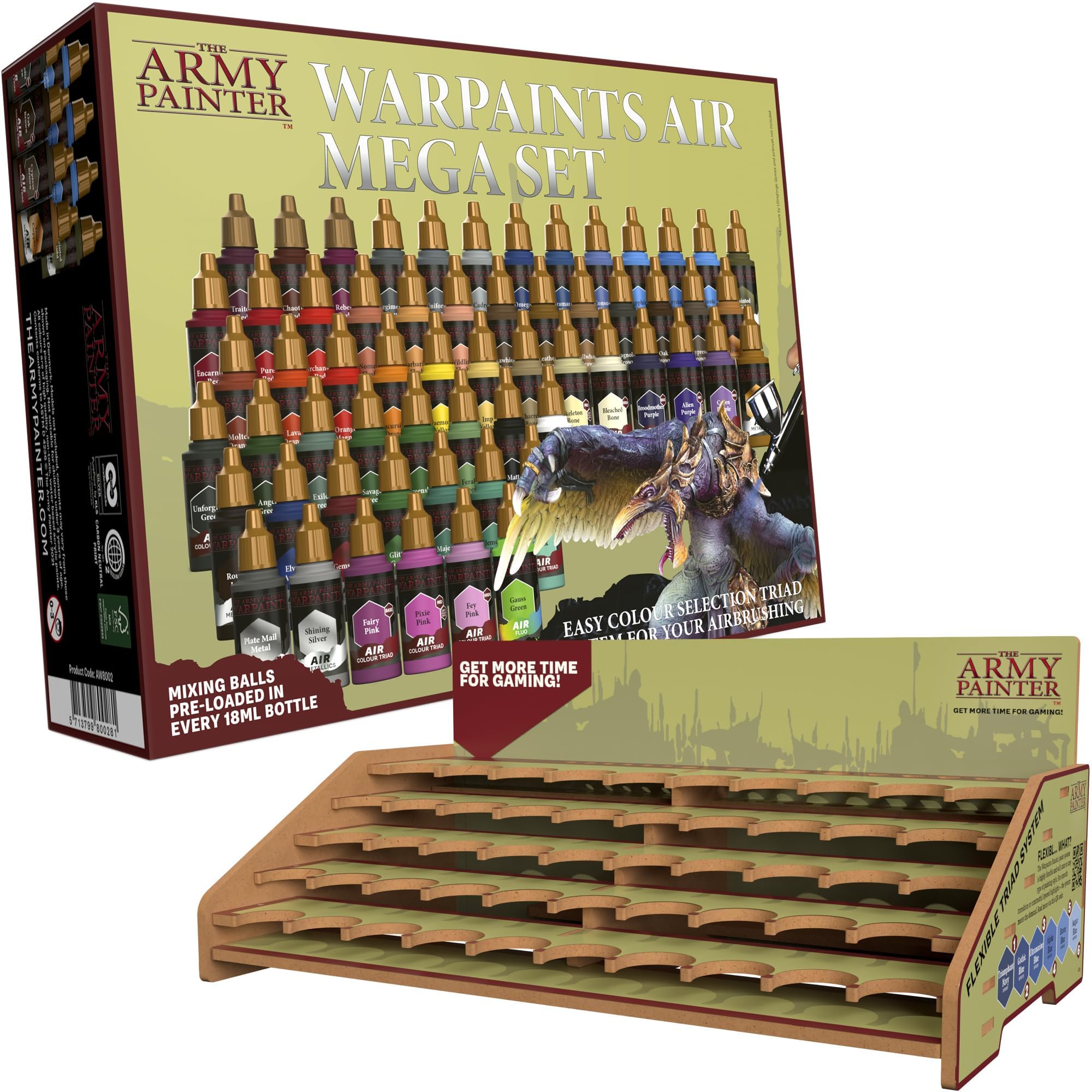 The Army Painter, Warpaints Air Mega Set Combo, 60 x 18ml Pre-thinned Acrylic Airbrush Paints, Incl. 9 Metallics, 1 Fluo & 1 Project Paint Station - Air Brush Miniature Model Paint for Dnd & Warhammer