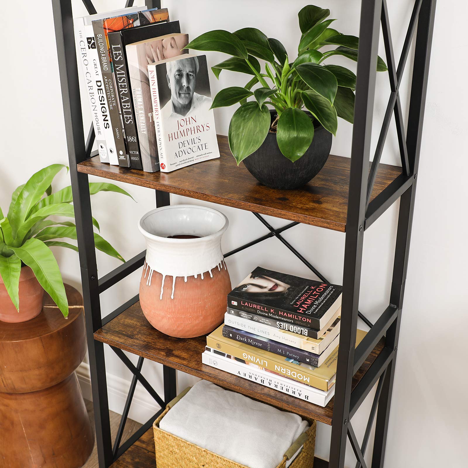 VASAGLE DAINTREE Bookshelf, Kitchen Shelf, Free Standing Shelf, Ladder Rack with 4 Open Shelves, for Kitchen, Office, Stable Steel Frame