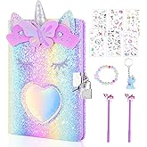 homicozy Unicorn Diary with Lock,Gift for 6 7 8 Year Old Girl,Glitter Seceret Journal for Kids with 160 Pages,Shiny Notebook for Writing and Drawing,Cute Stationery Back to School Gift