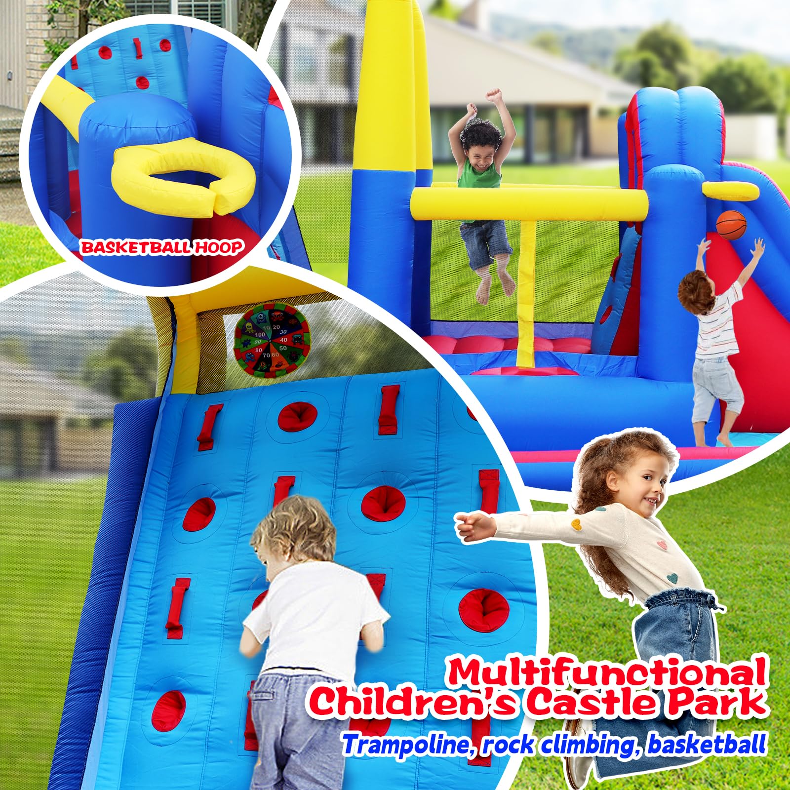 Inflatable Jumping Castle with Large Climbing Wall, 267 x 138 x 118 Inch Bounce House with Air Blower, Dual Target and Basketball Rock