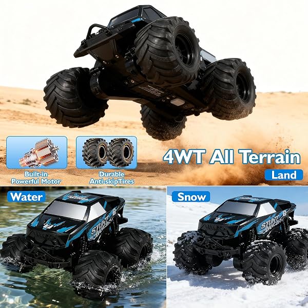 UFILNI 1:24 WATERPROOF MONSTER TRUCK TOYS RC CARS: AMPHIBIOUS REMOTE CONTROL CAR TRUCKS 4WD ALL TERRAIN OFF-ROAD PICKUP TOY FOR 6 7 8 9 10 11 12 YEAR OLD BOYS GIRLS KIDS GIFTS PRESENTS BLUE