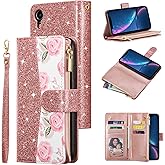 UEEBAI Wallet Case for iPhone XR, Glitter PU Leather Magnetic Closure Handbag Zipper Pocket Case Kickstand Card Holder Slots with Wrist Strap TPU Shockproof Flip Cover - Bling Rose Gold