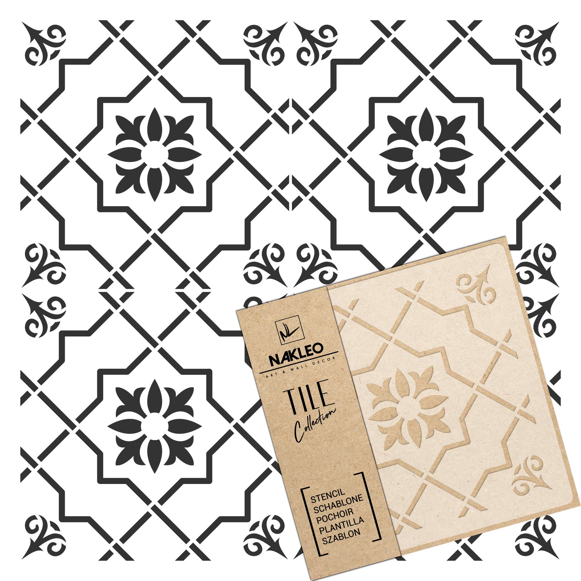 NAKLEO Tile Painting Stencil 30x30 cm, Aveleda Spanish Moorish Flower Moroccan, Plastic Reusable Template, Home Decor Craft DIY, Floor Concrete Patio Wall - Terracotta
