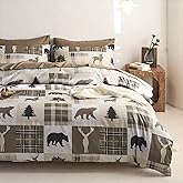 Wake In Cloud - Rustic Duvet Cover Set, Cabin Christmas Lodge Western Country Bear Deer Holiday RV Outdoor Winter Theme, Soft Lightweight Bedding, 3-Piece, Taupe Brown, King Size