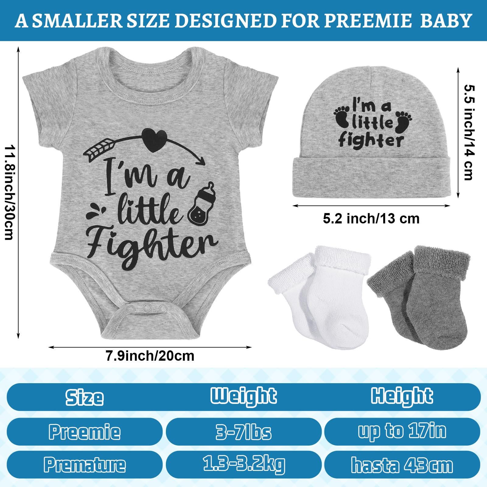 Toulite NICU Preemie Baby Gift Set I'm Little Fighter Preemie Baby Hat and Bodysuit Cotton Socks with Keychain Coin