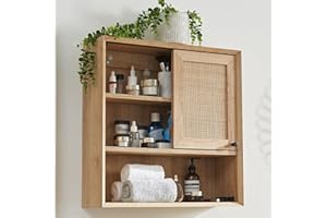 RedLemon Natural Rattan Bathroom Wall Cabinet - Modern Boho Medicine Cabinet with Sliding Door & Adjustable Shelves, Storage Cabinet Wall Mounted for Kitchen, Dining Room, Bathroom Storage, Oak