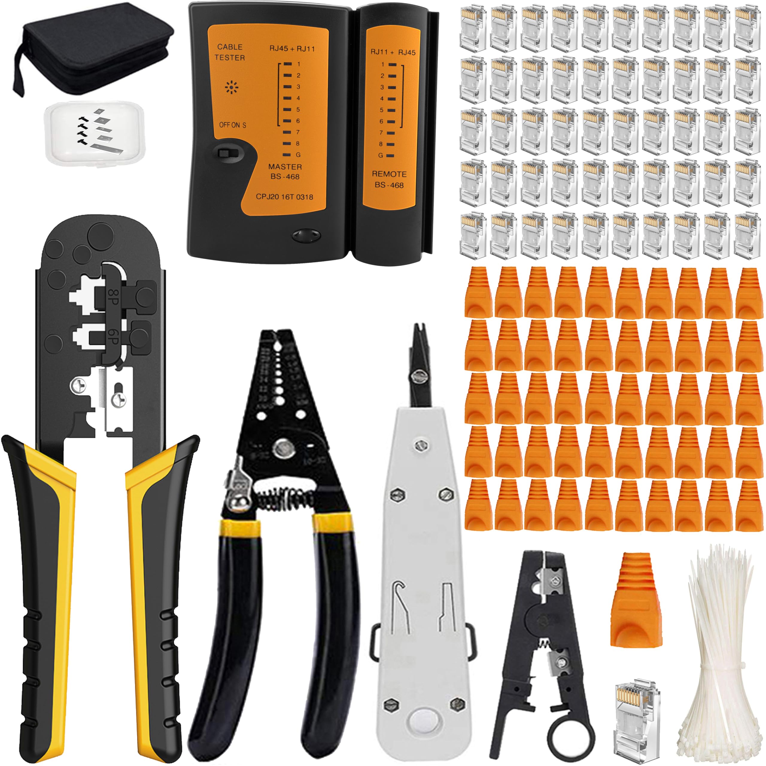 MAYLINE RJ45/CAT5/CAT6 Crimp Network Tool Kit Crimper Stripper 50pcs Connetors 50pcs Covers Ethernet LAN Cable Tester Cutter Set, Punch Down Cable Crimping Tool Set (Yellow)