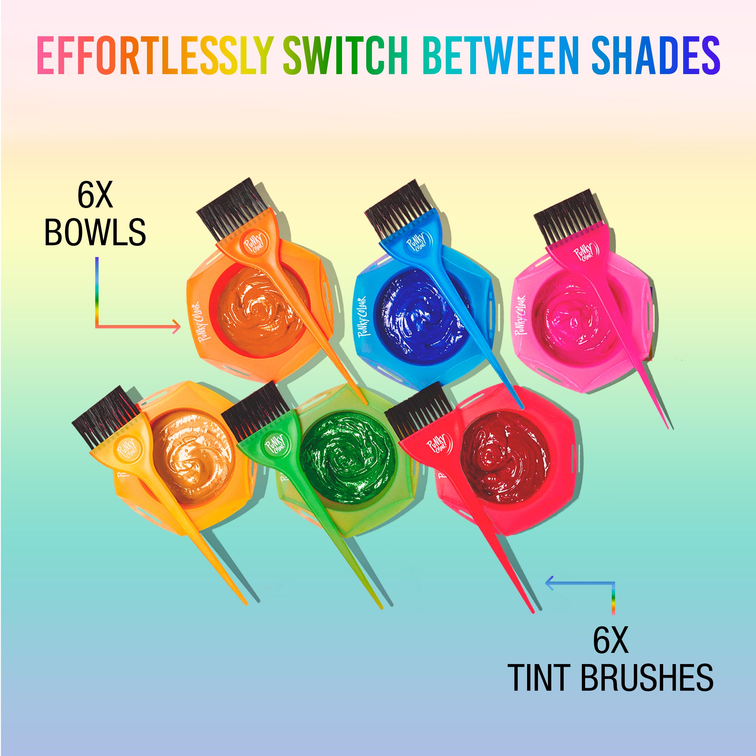 Punky Rainbow Tint Hair Dye Brush and Bowl Set - Multi-Color Hair Coloring Kit with Dye Mixing Bowls & Brushes, DIY Dyeing & Bleaching for Salon & At-Home Use