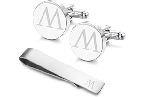 LOYALLOOK Stainless Steel Engraved Initial Cufflinks and Tie Clip Bar Set Alphabet Letter With Gift Box A-Z