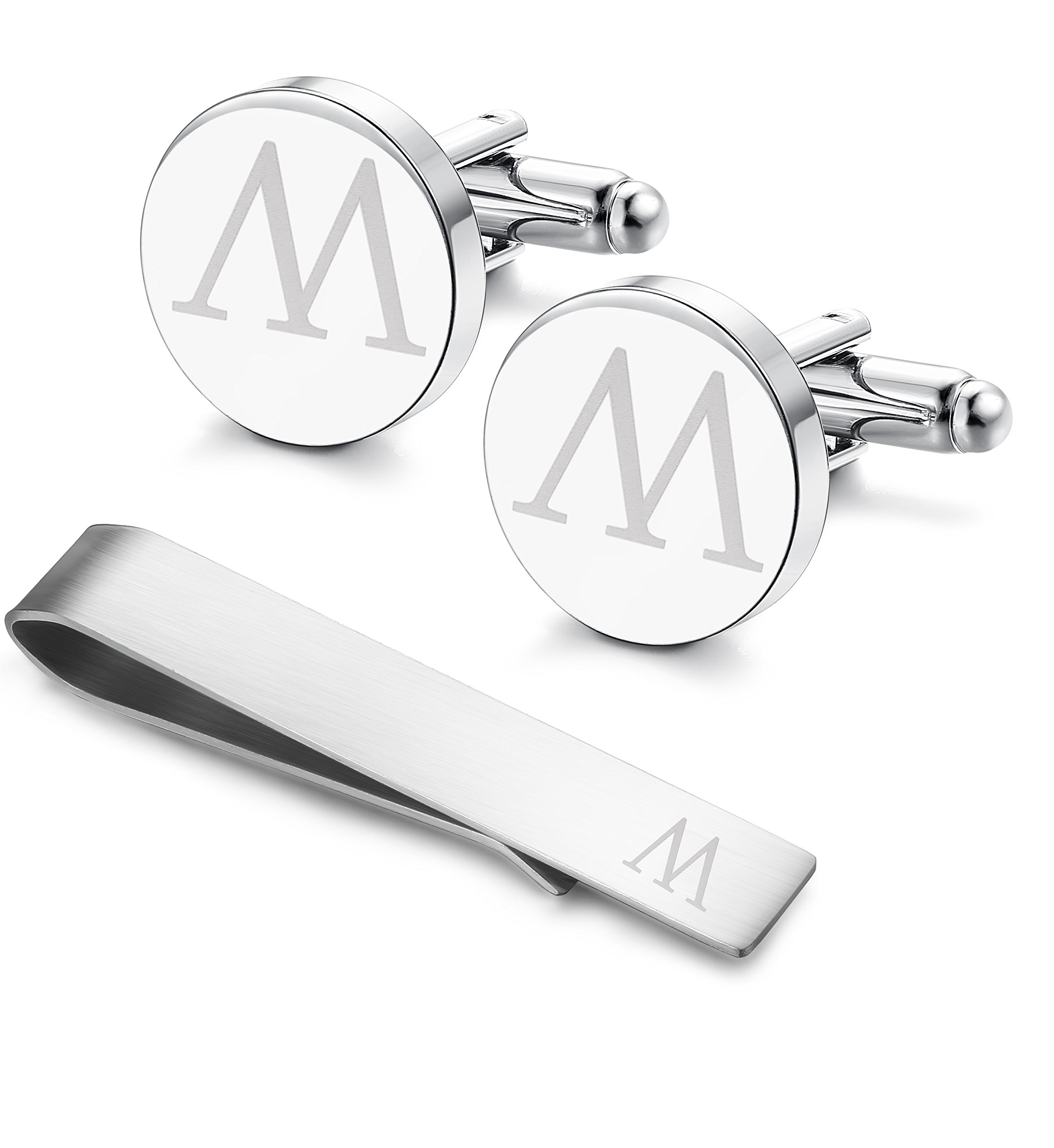 LOYALLOOK Stainless Steel Engraved Initial Cufflinks and Tie Clip Bar Set Alphabet Letter with Gift Box A-Z, stainless steel