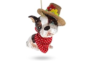 BESTPYSANKY Dapper Boston Terrier in Hat - Blown Glass Christmas Ornament