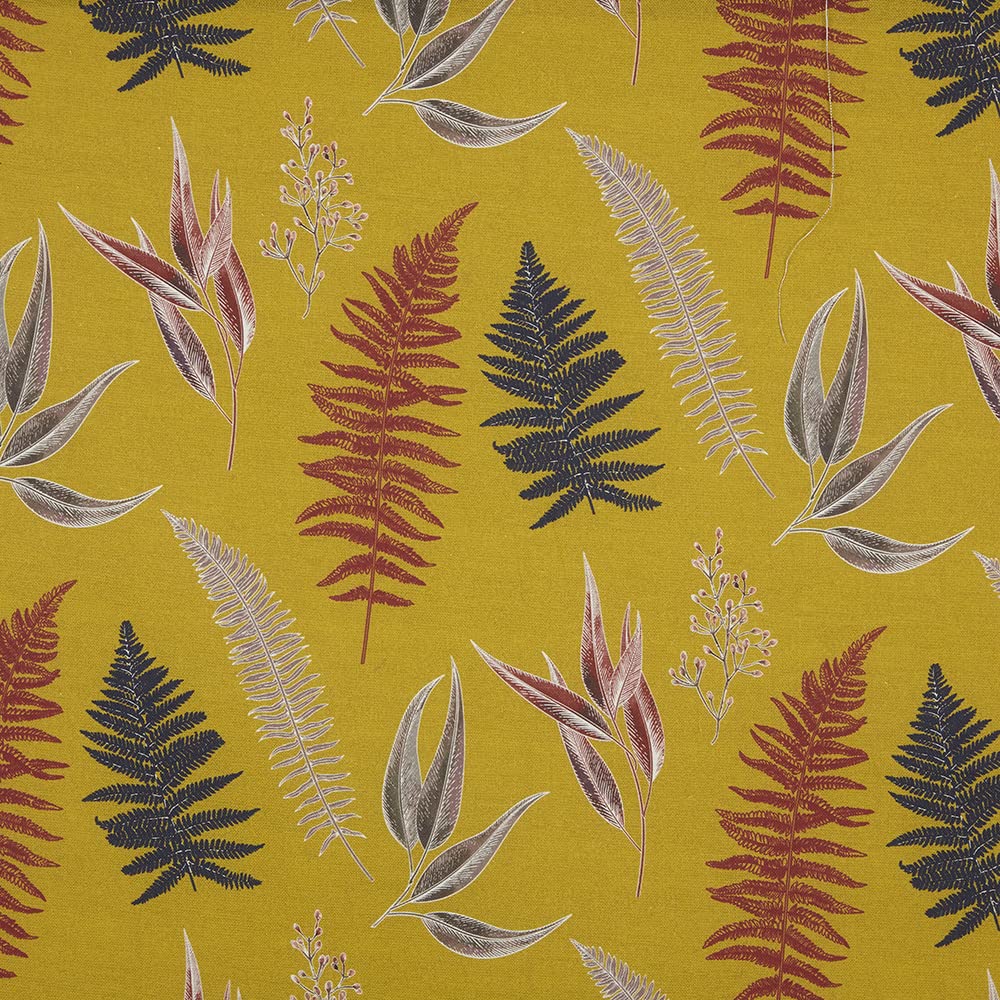 Kt KILOtela - Digital Printed Canvas Fabric, Half Panama Organic Cotton, Standard 100 by Oeko-Tex, 100 cm Length x 280 cm Width | Blumei, Botanical Ferns - Mustard ─ 1 meter