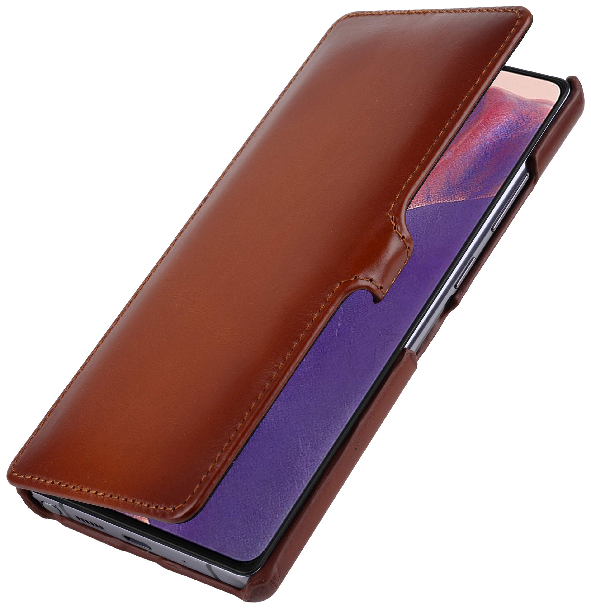 StilGut Book Type Flip Case for Samsung Galaxy Note 20, Genuine Leather Samsung Note 20 Case with Closure, Cognac Antique
