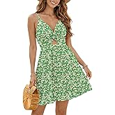 IHOT Women's Summer Floral Sundress V Neck Spaghetti Strap Twist Front Cutout A-Line Ruffle Hem Casual Beach Vacation Dress