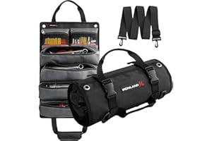 IRONLAND Tool Bag Roll Up, Heavy Duty Tool Organizer for Men Portable Tool Storage Box with 6 Detachable Zipper Pouch - Gifts for Dad Tool Roll Organizer Adjustable Shoulder Strap Black