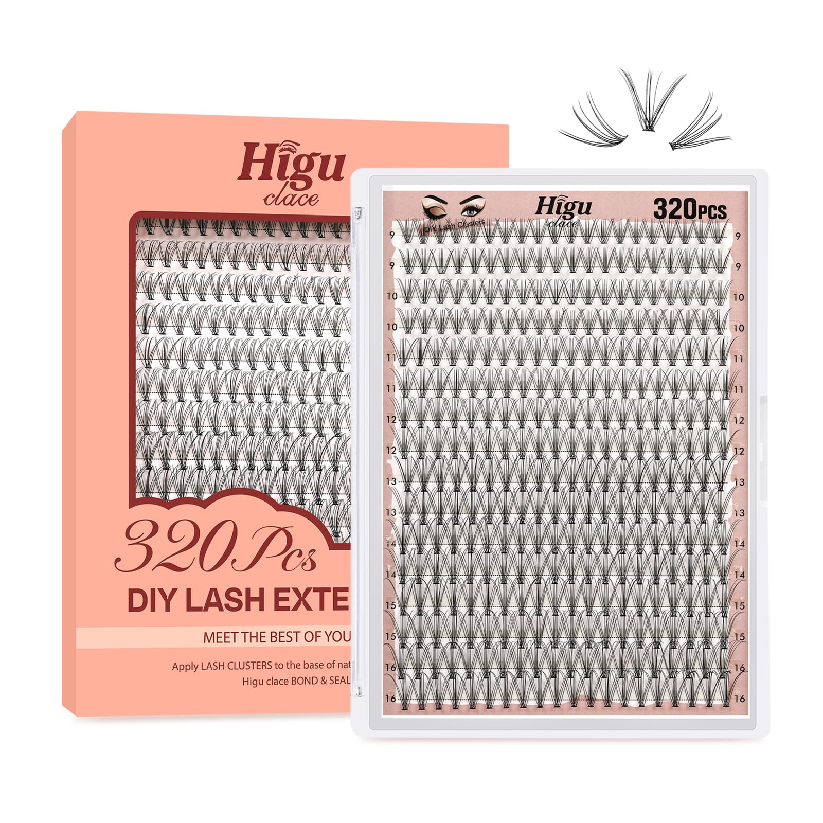 Higu clace Individual Lashes Cluster 320pcs, D curl Lash Clusters 10D DIY Individual Eyelashes 9-16mm Mixed,Wispy Lash Extension Clusters Reusable False Lashes Clusters(10D Dcurl 9-16mm)