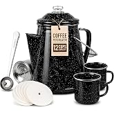 Toughty 12 Cup Enamel Coffee Percolator, Camping Stovetop Coffee Pot, Black | 12-Cup Enamel Coffee Percolator with 2 Matching Mugs, Perfect for Family Gatherings, Camping Trips, and Outdoor Adventures