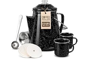 Toughty 12 Cup Enamel Coffee Percolator, Camping Stovetop Coffee Pot, Black | 12-Cup Enamel Coffee Percolator with 2 Matching Mugs, Perfect for Family Gatherings, Camping Trips, and Outdoor Adventures