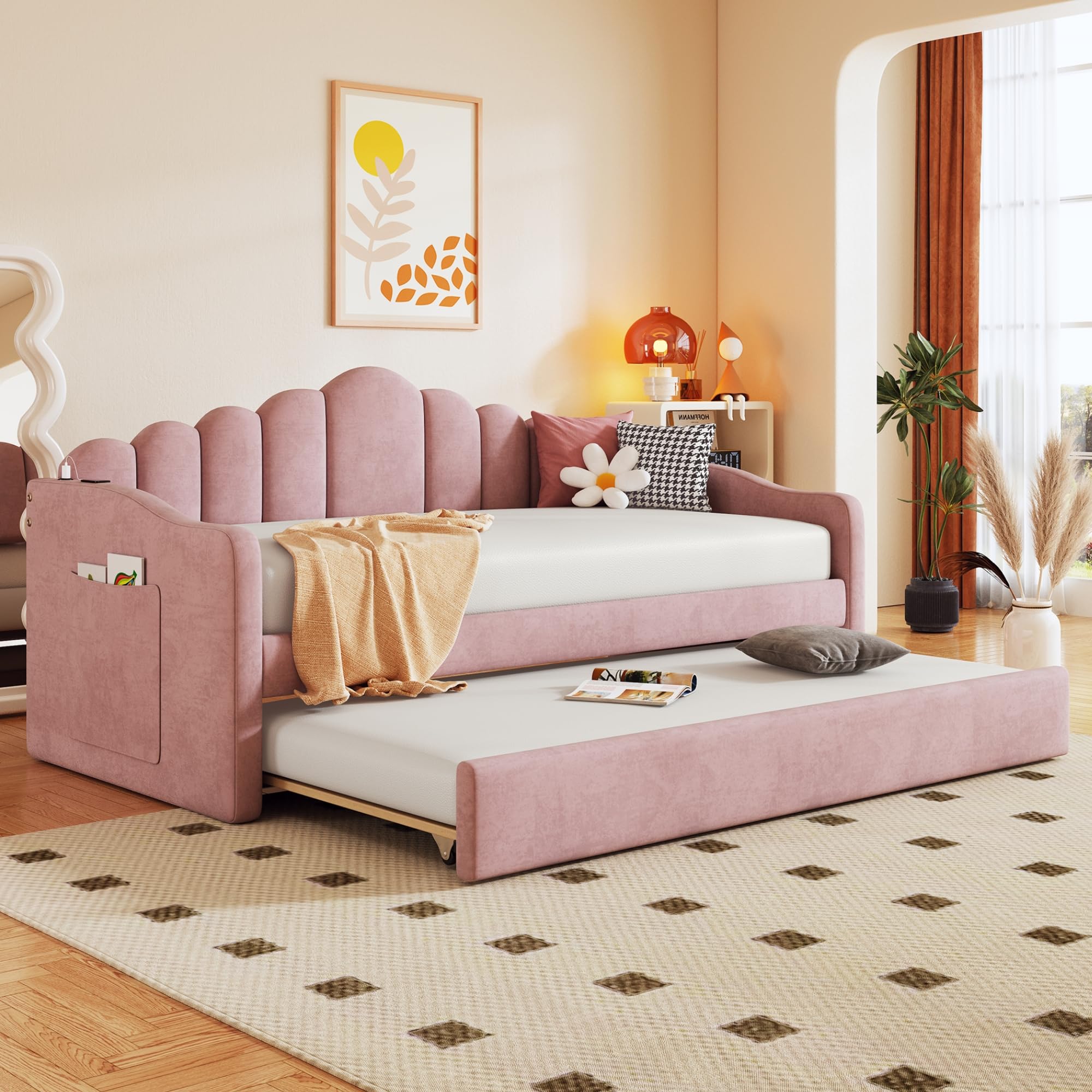 Photo 1 of *****BOX 1 OF 2 MISSING THE REST *****HomSof Twin size Upholstered Daybed with Trundle,Velvet Sofabed with USB Charging Ports,No Box-spring Needed,Pink