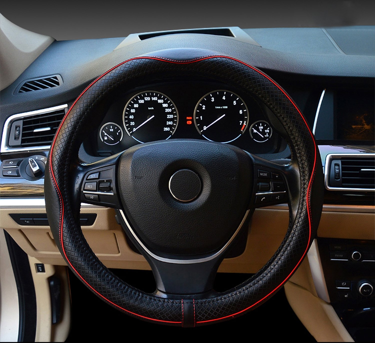 Car Steering Wheel Cover Genuine Leather Universal 15 Inch - Red Stitching is Subtle and Nice for Car/Truck/Van/SUV (Black&Red)