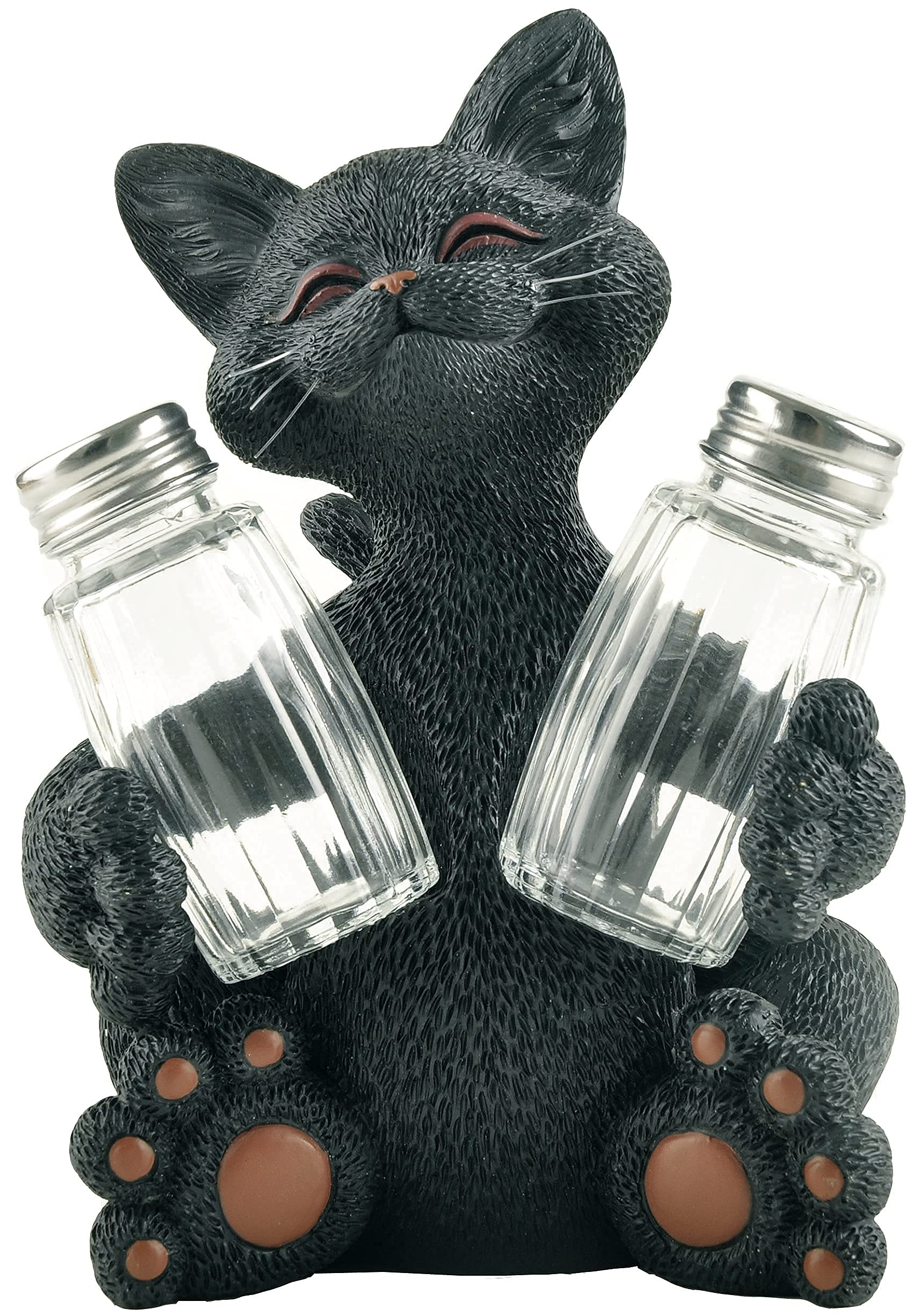 Whimsical Black Cat Salt and Pepper Shaker Holder Figurine - Cute Resin Kitchen Counter Decor