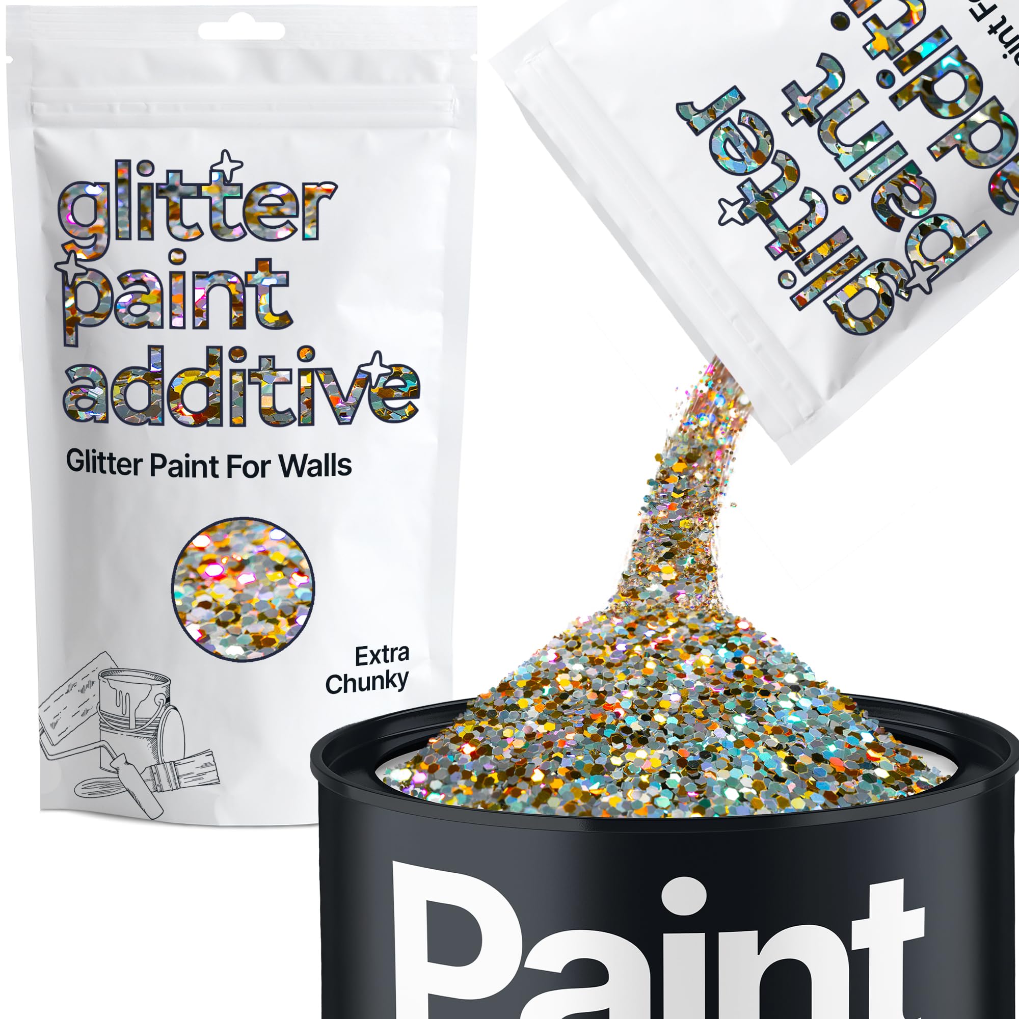 Hemway Gold Silver Holographic Glitter Paint Additive Extra Chunky 100g for Adding Sparkle to Paints & Varnish | Paint Walls Sparkly Add to Emulsion, Acrylic or Lacquer Indoor