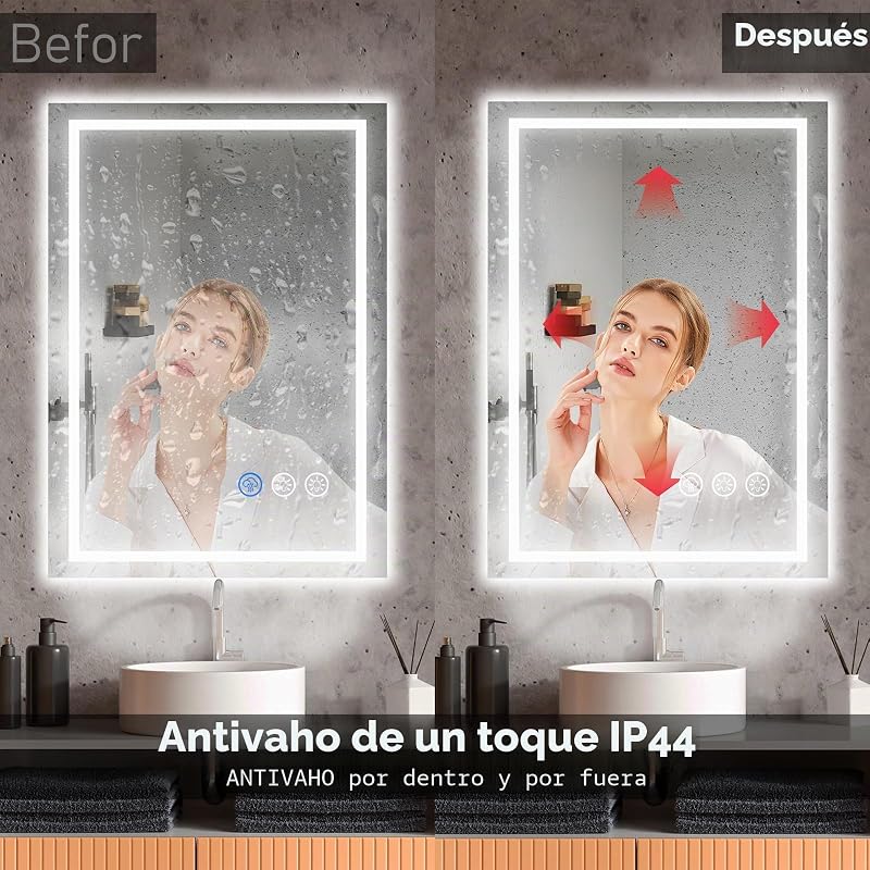 Espejo Baño con Luz 50x70cm, Espejos de Baño con LED con Antivaho, Regulable, 3 Colores Luz, Función Memoria