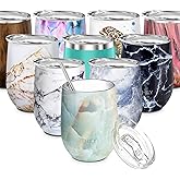 THILY Stemless Wine Tumbler Vacuum Insulated 12 oz Triple-Insulated Stainless Steel Wine Glass with Lid, Straw, Keep Cold for Coffee, Cocktails, Opal Marble