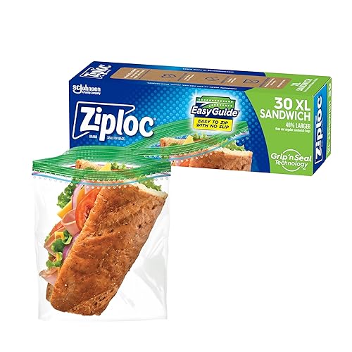 Ziploc XL Sandwich and Snack Bags with EasyGuide Texture, Plastic Storage Bags with Grip 'n Seal Technology, 30 Bags Total