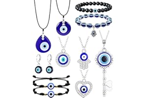 Jslohas 11Pcs Evil Eye Necklace Pendant for Women Men Leather Rope Evil Eye Earrings Protection Bracelet Jewelry Set Evil Eye Charms