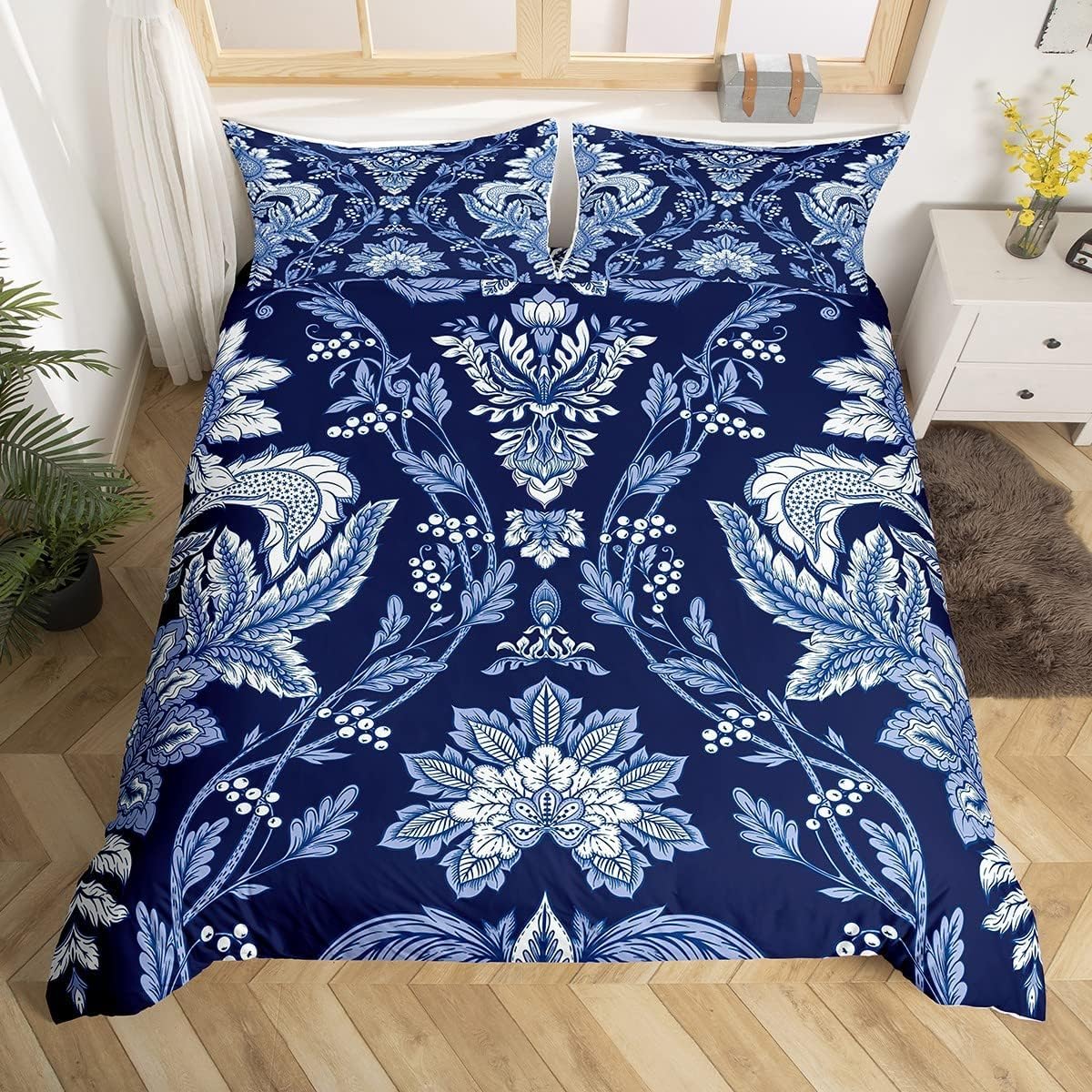 Homewish Blue Damask King Size Duvet Cover Sets, Chic Navy Blue White Victorian Flower Bedding Sets for Girls Teens Women, Baroque Damask Floral Comforter Cover, Elegant Bedding & Linen