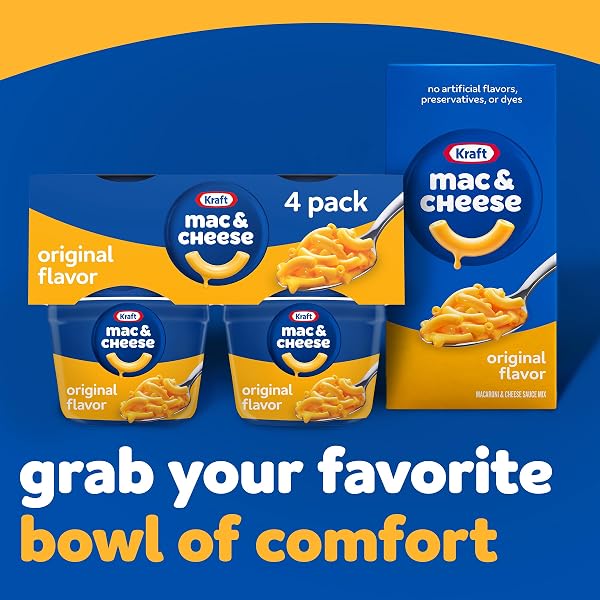 KRAFT MAC AND CHEESE, 4 CUPS, FOR EASY DINNER OR DINNER SIDES, ORIGINAL FLAVOR, NO ARTIFICIAL FLAVORS, PRESERVATIVES OR DYES, 2.05 OZ