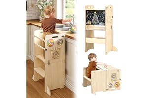EXPERLAM 4-in-1 Kids Kitchen Step Stool, Foldable Toddler Tower with Blackboard and Toys, Toddler Kitchen Stool Helper for Kids, Wooden Step Stool for Toddlers, Learning Standing Tower