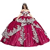 DXUOPL Off Shoulder Tulle Quinceanera Dresses Silver Applique Ball Gown Layered Beaded Sweet 16 Dresses with Tassel