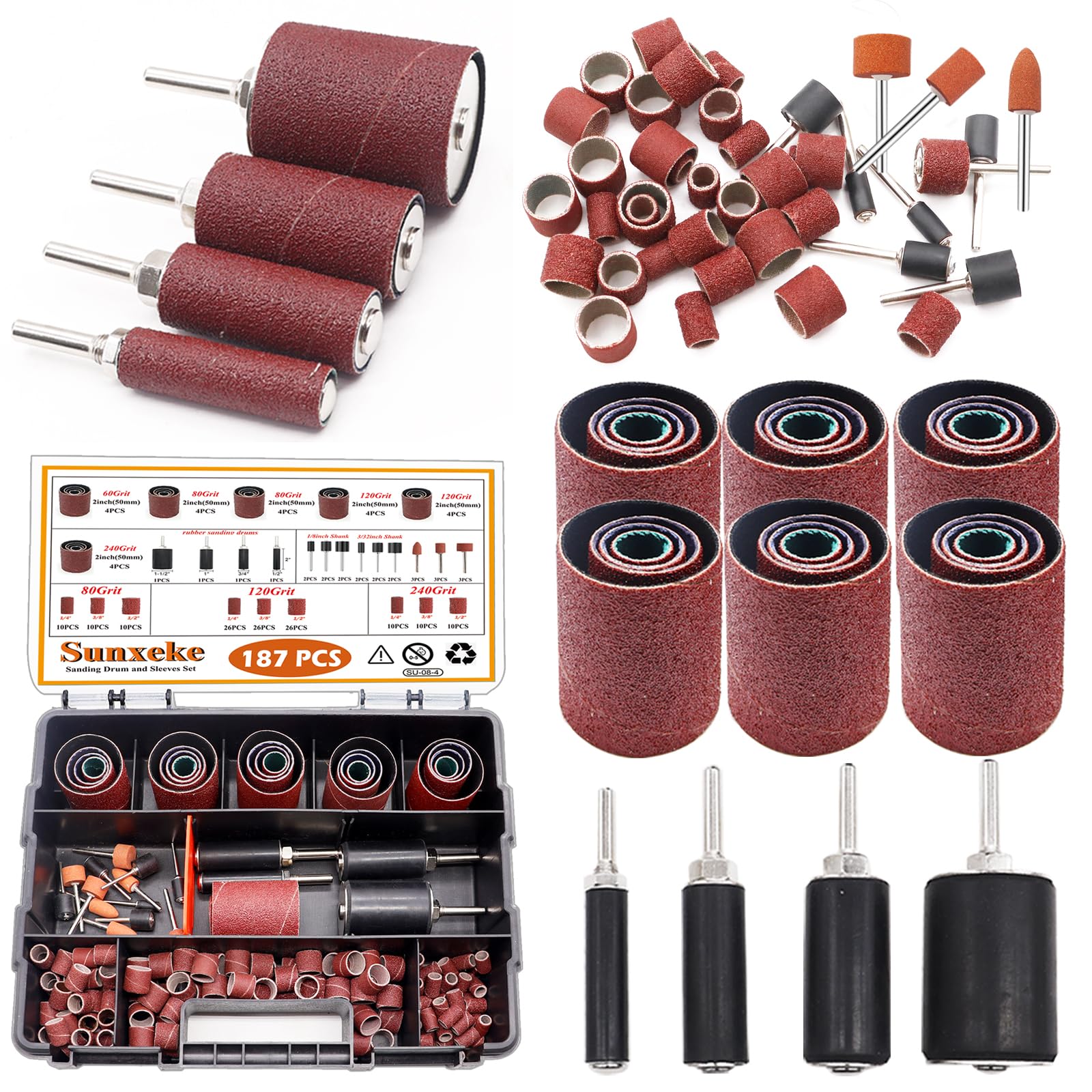 Photo 1 of Sunxeke 187-Piece Sanding Drum Kit for Drill & Drill Press – Includes 2inch Spindle Sander Sleeves (60/80/120/240 Grit), 4 Rubber Sanding Drums, 1/4-Inch Shank,Versatile Sander Accessory with Box